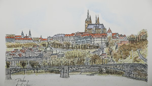 プラハ城とヴァルダヴァ川より描いた水彩画