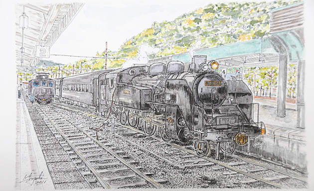 水彩画　千頭駅 SL C11227（1942）